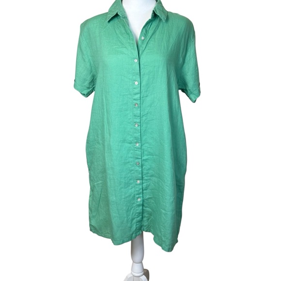 C&C California Women's M Basic Green Shirt Dress 100% Linen Beachy Minimalist - Picture 1 of 9